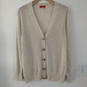 Jennie Liu Wool Cardigan Size Medium Cream Color Gold‎ Button Light Weight Wool